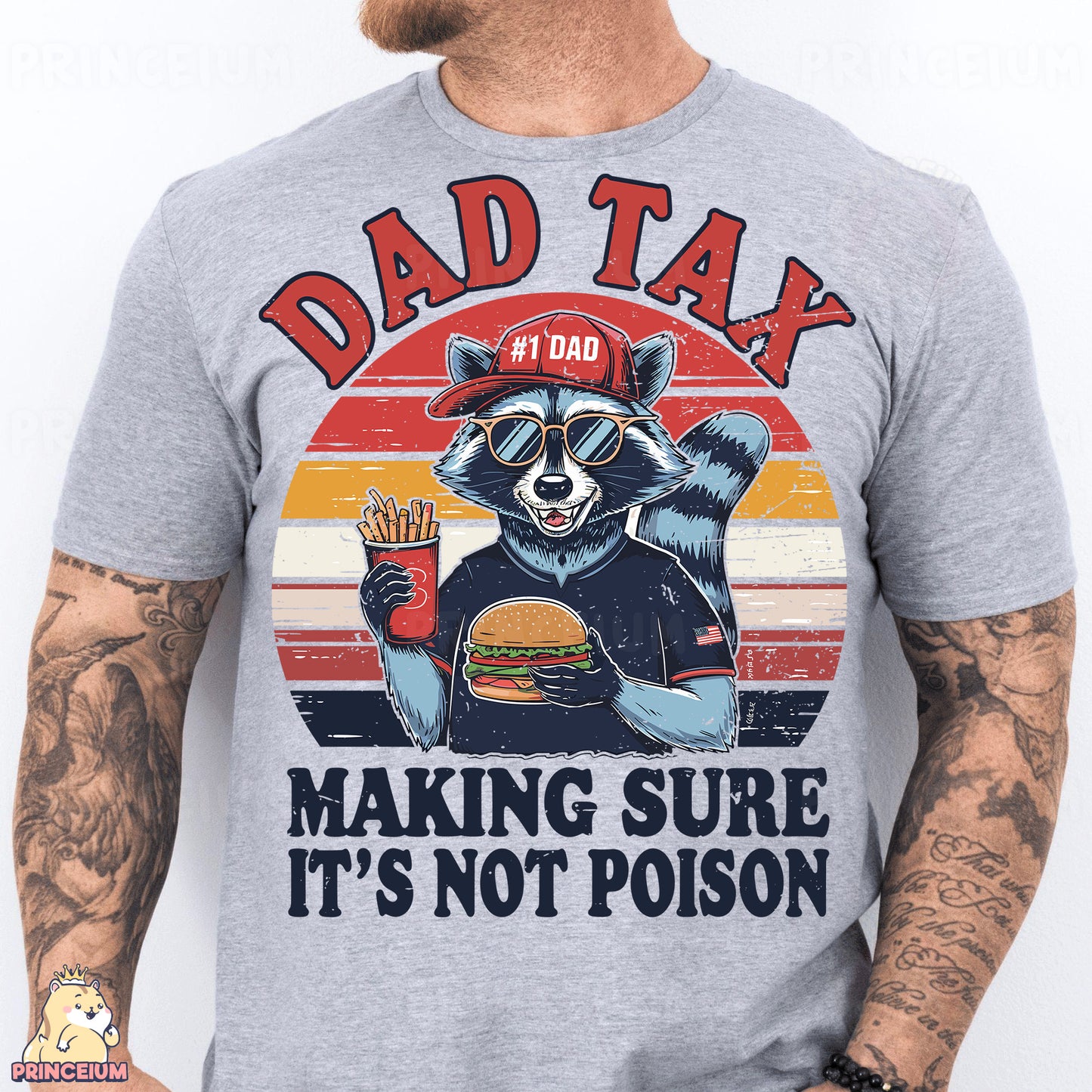 a man wearing a shirt that says dad tax making sure it's not po