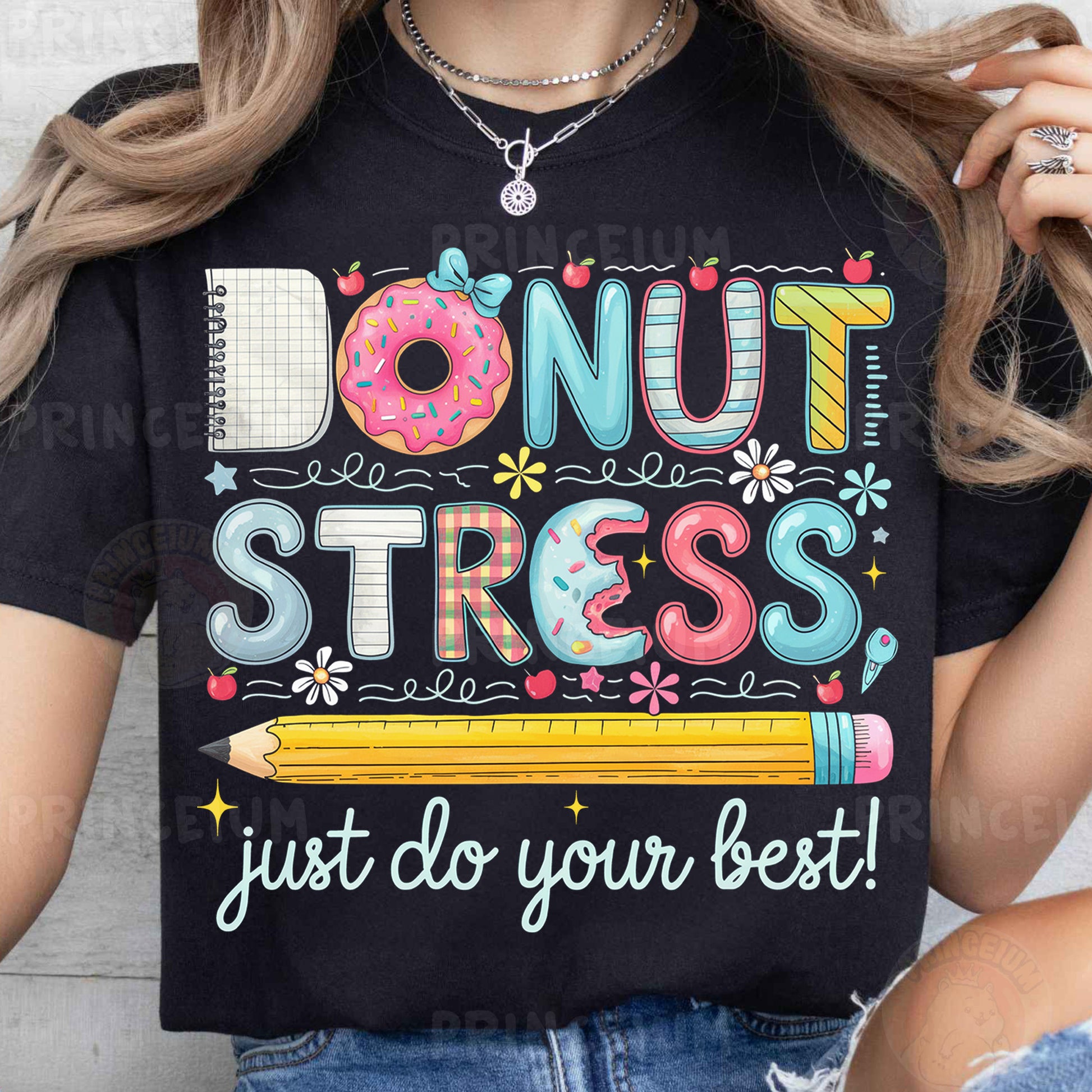 a woman wearing a donut stress t - shirt
