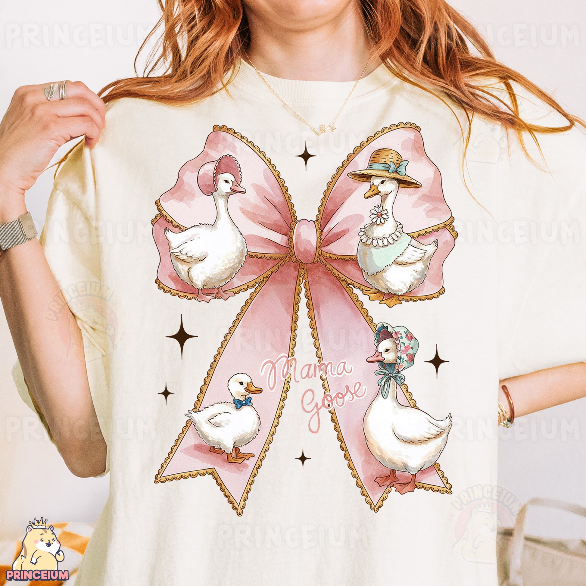 a woman wearing a t - shirt with ducks on it