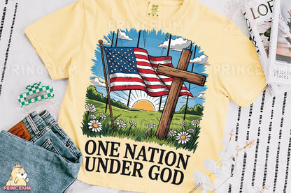 a t - shirt with a cross and an american flag on it