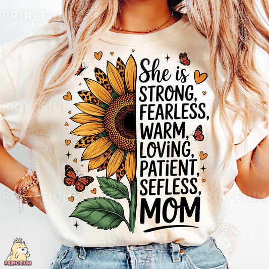 a woman wearing a t - shirt that says she is strong, fearless, warm