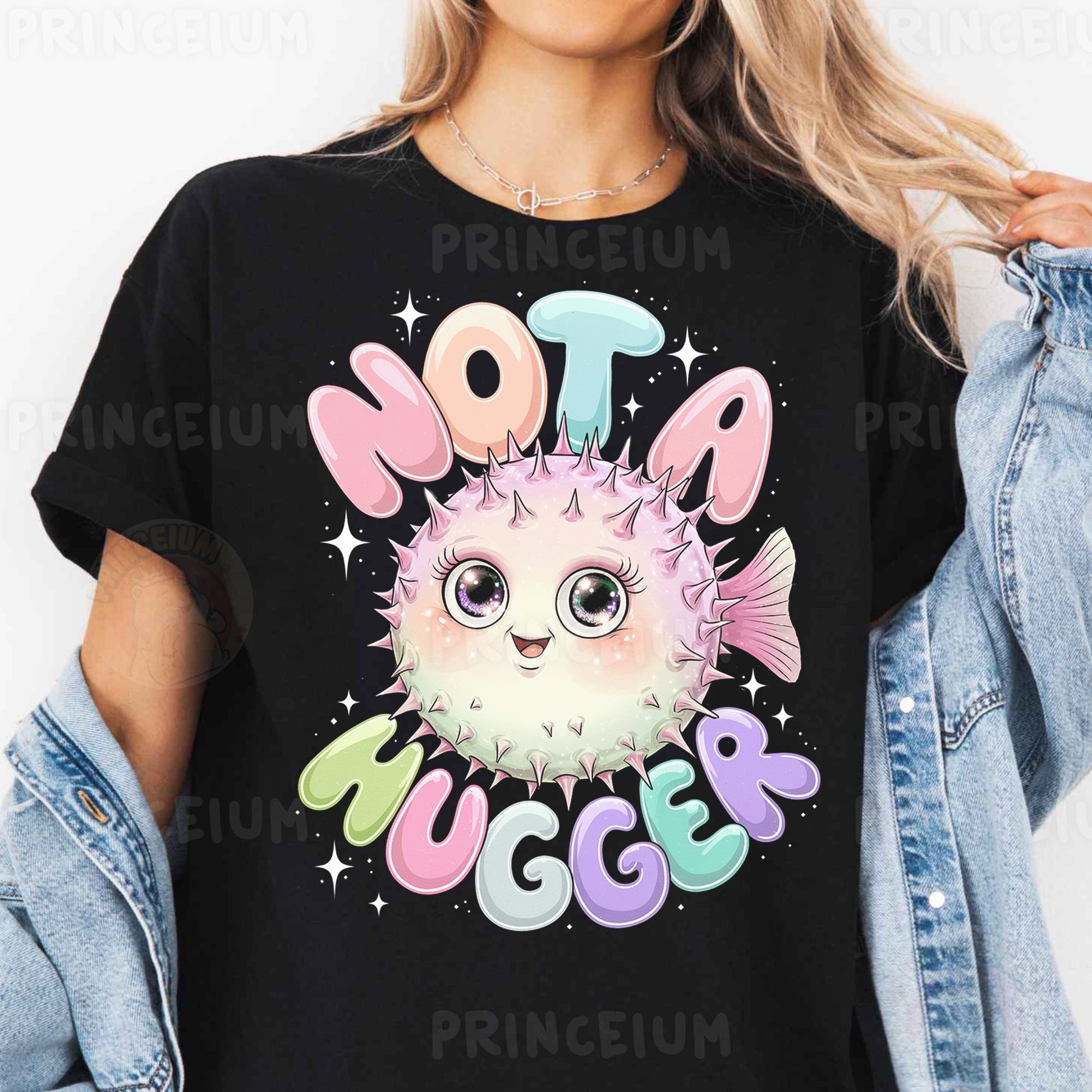 a woman wearing a black t - shirt with a puffy puffy puffy