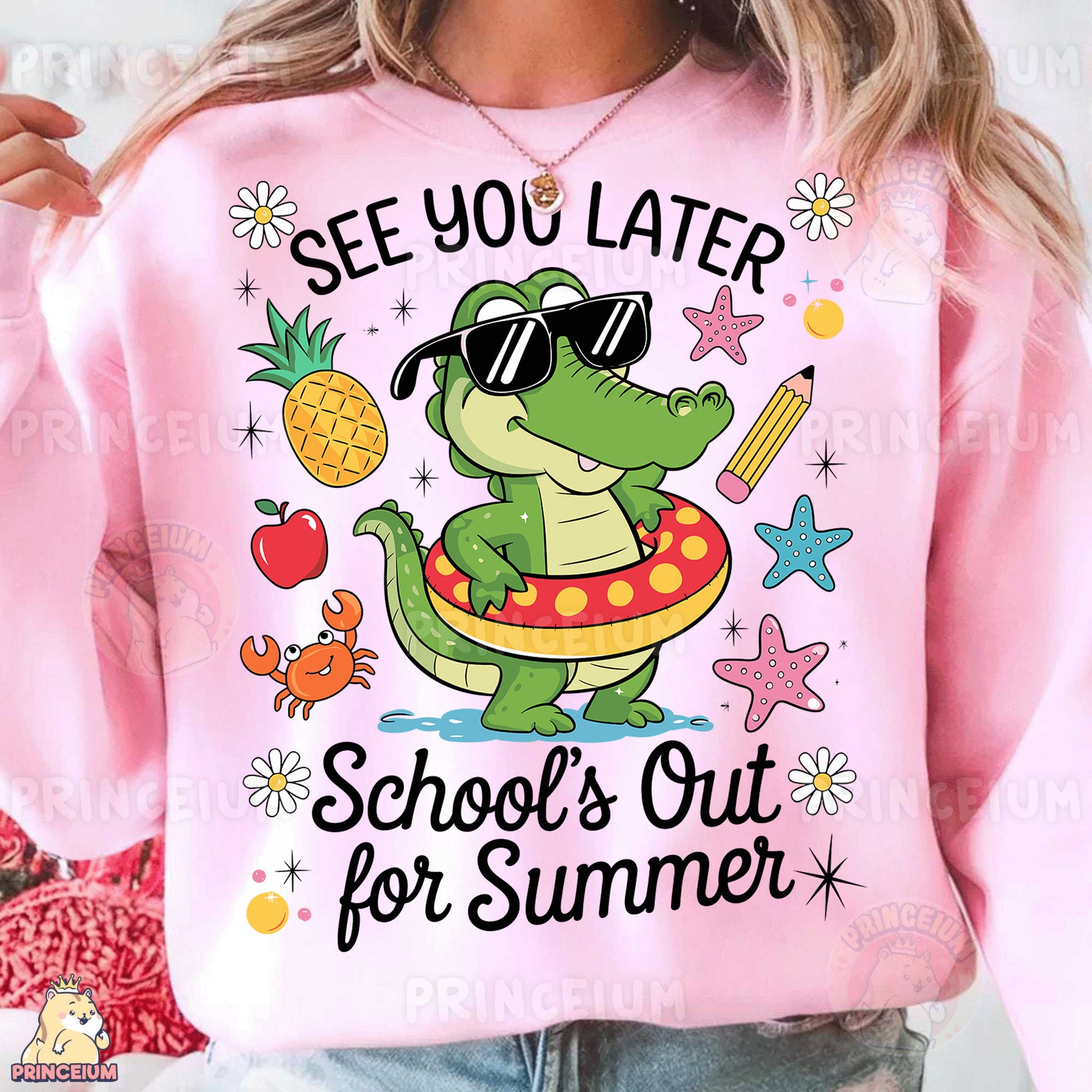 a woman wearing a pink shirt with a cartoon alligator on it