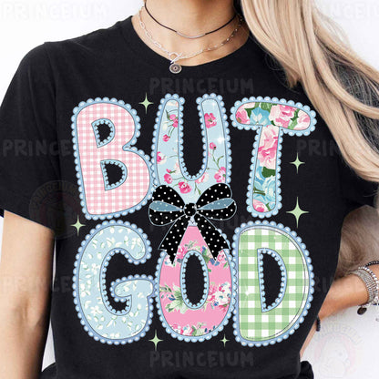 a woman wearing a black shirt that says but god