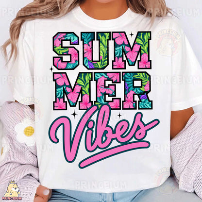 a woman wearing a t - shirt that says summer vibes
