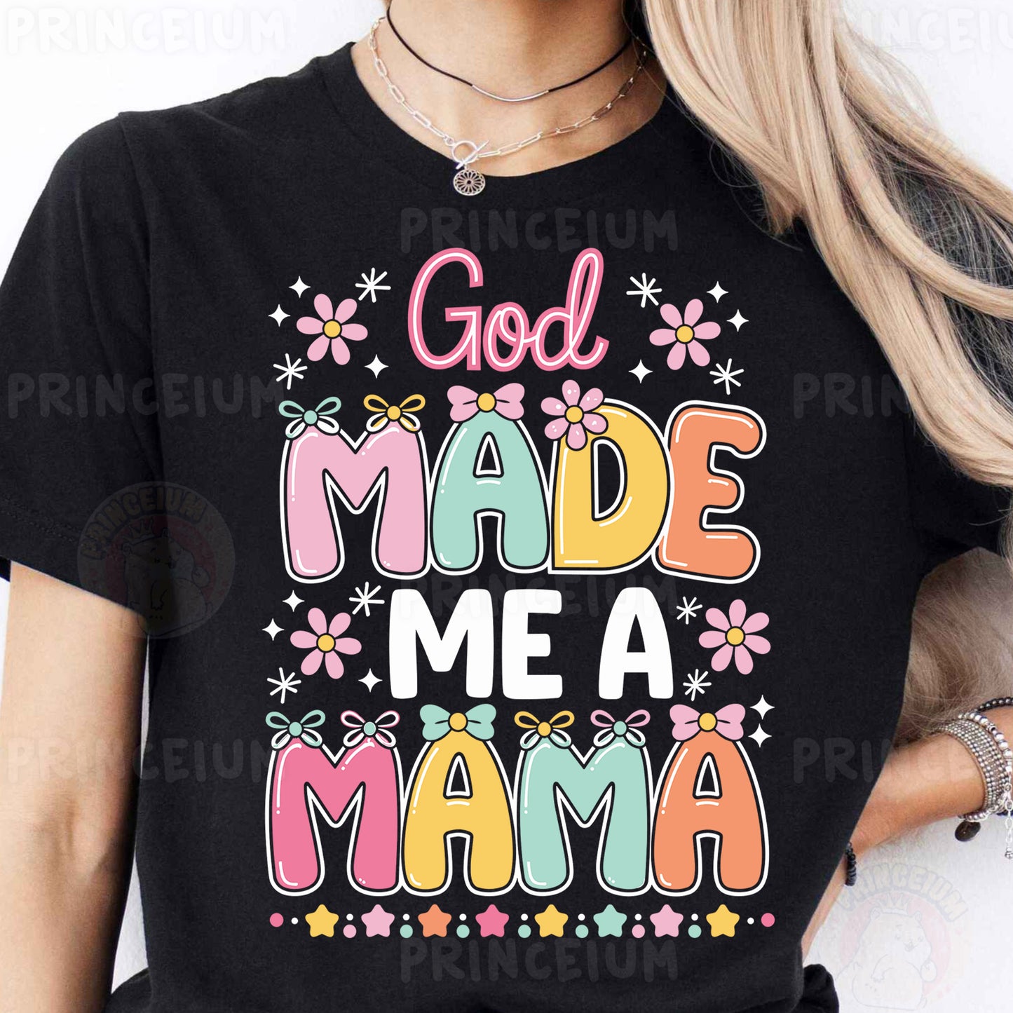 a woman wearing a black shirt that says god made me a mama