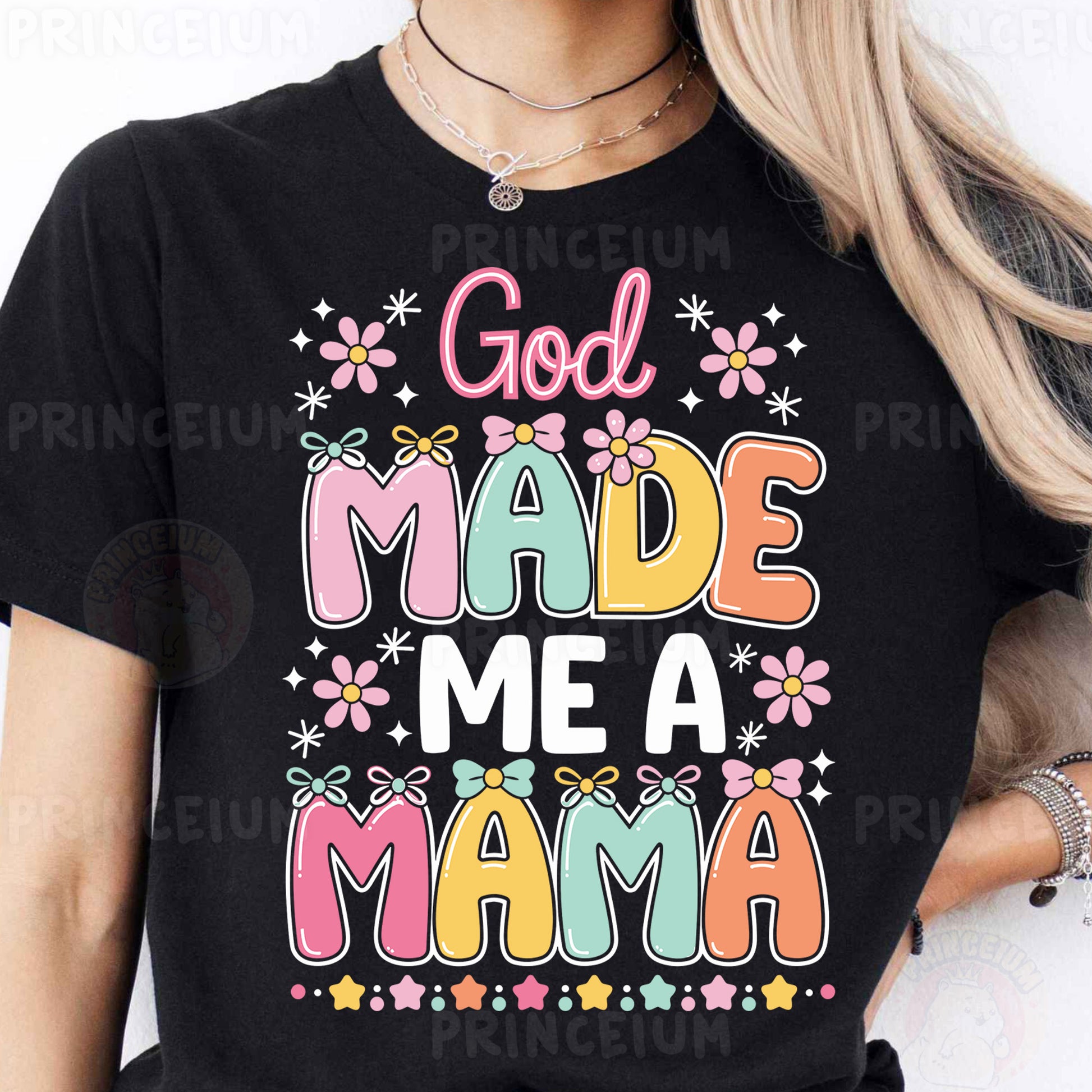 a woman wearing a black shirt that says god made me a mama