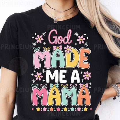 a woman wearing a black shirt that says god made me a mama