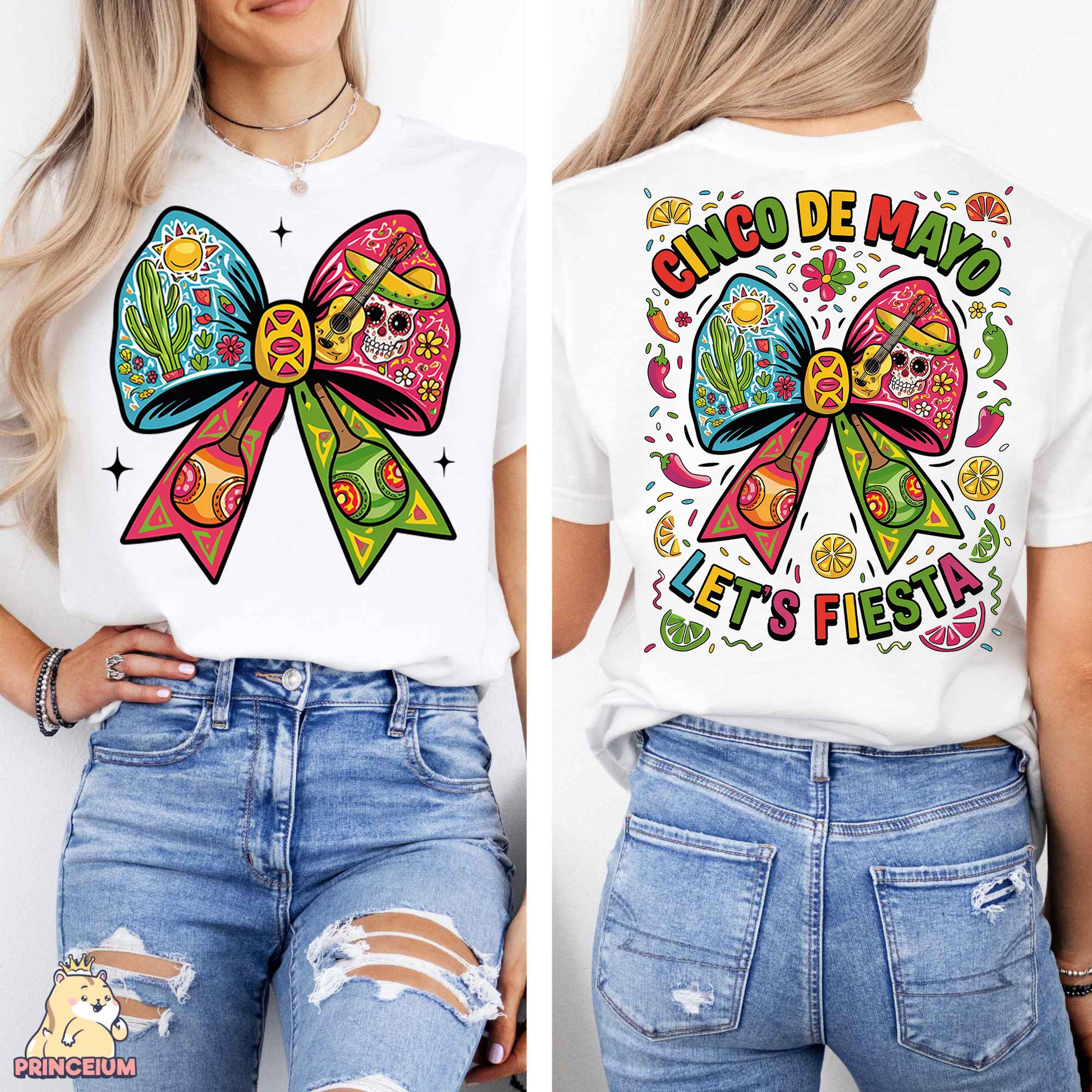 a woman wearing a white shirt with a colorful bow