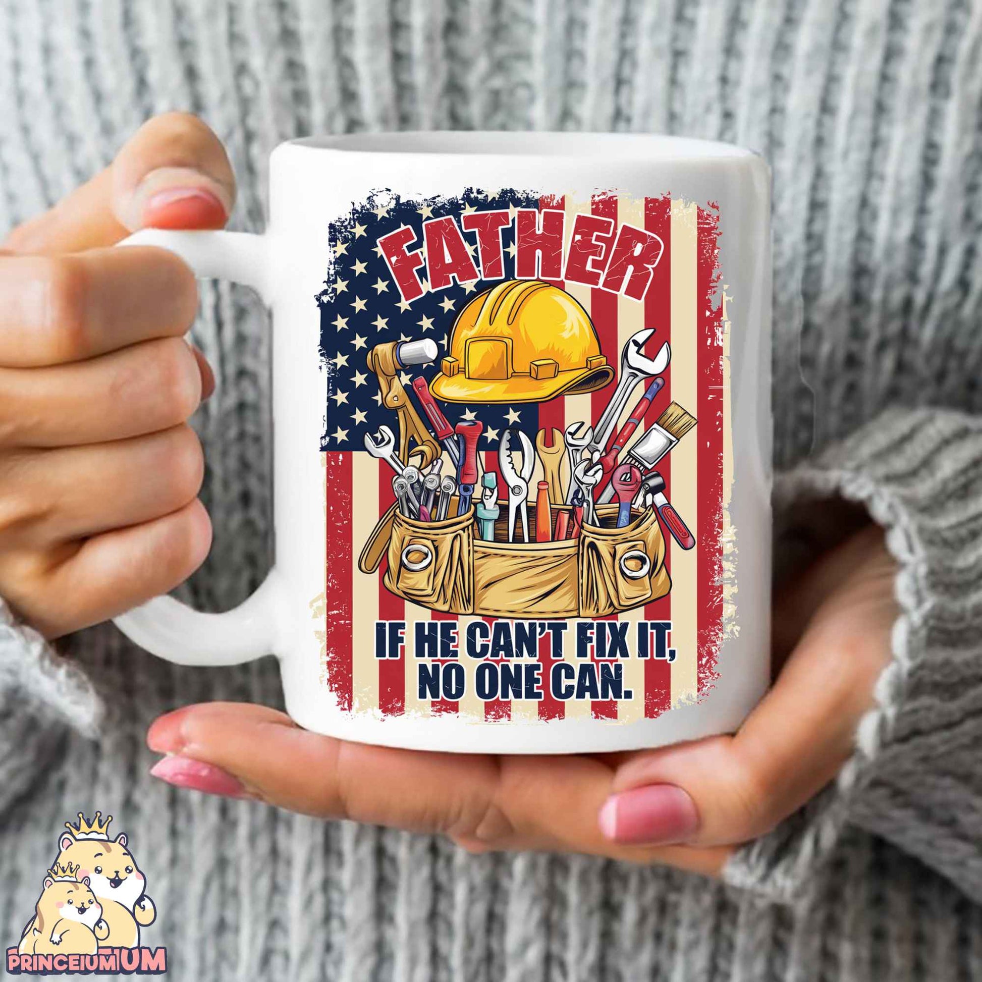 a woman holding a coffee mug with a picture of a construction worker