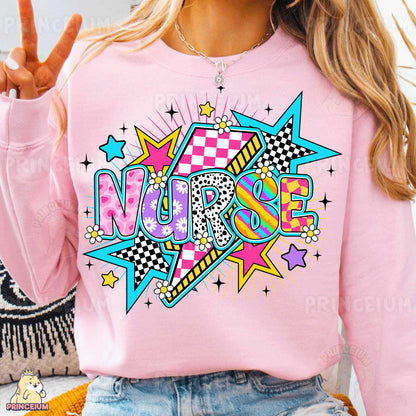 a woman wearing a pink shirt with a design on it