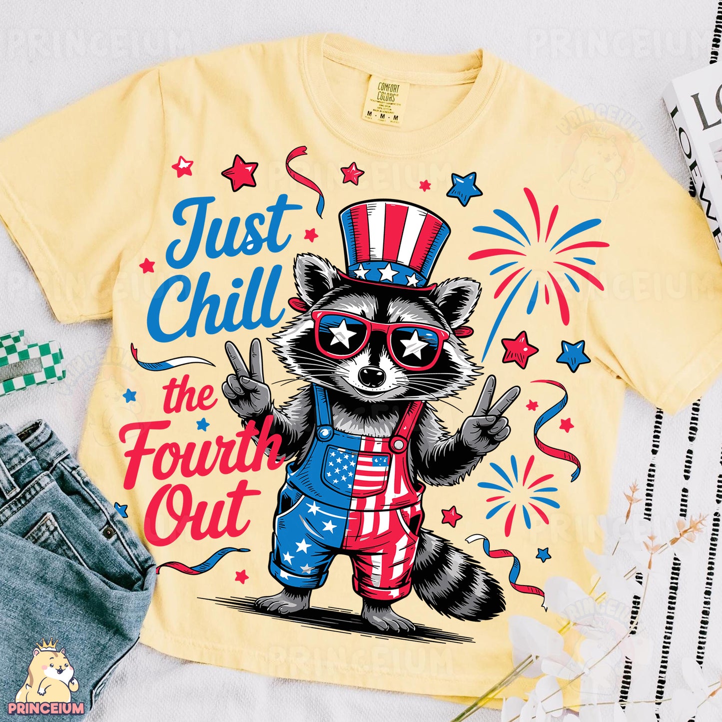 a t - shirt with a raccoon wearing a patriotic hat and glasses