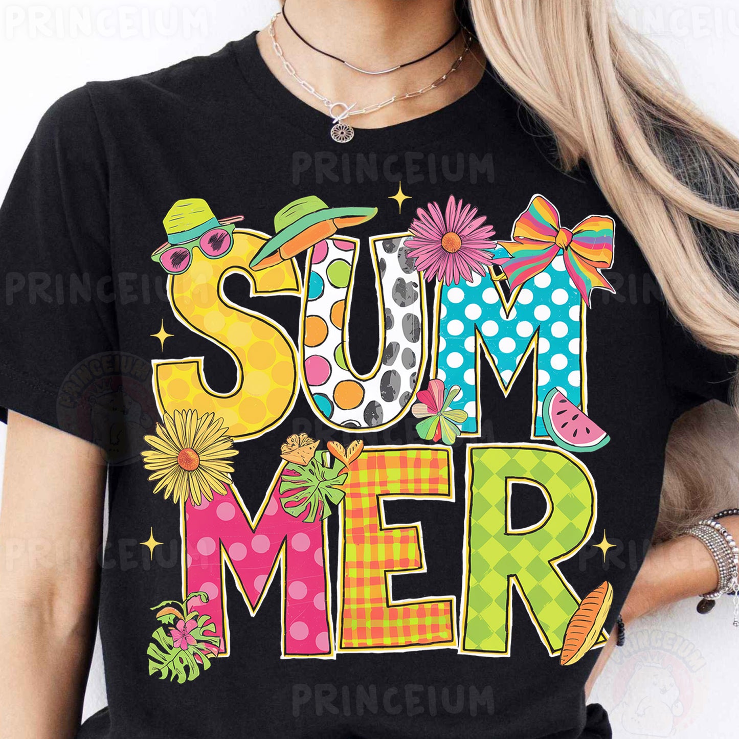 a woman wearing a black shirt that says summer