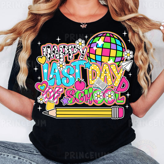 a woman wearing a black t - shirt that says happy first day of school
