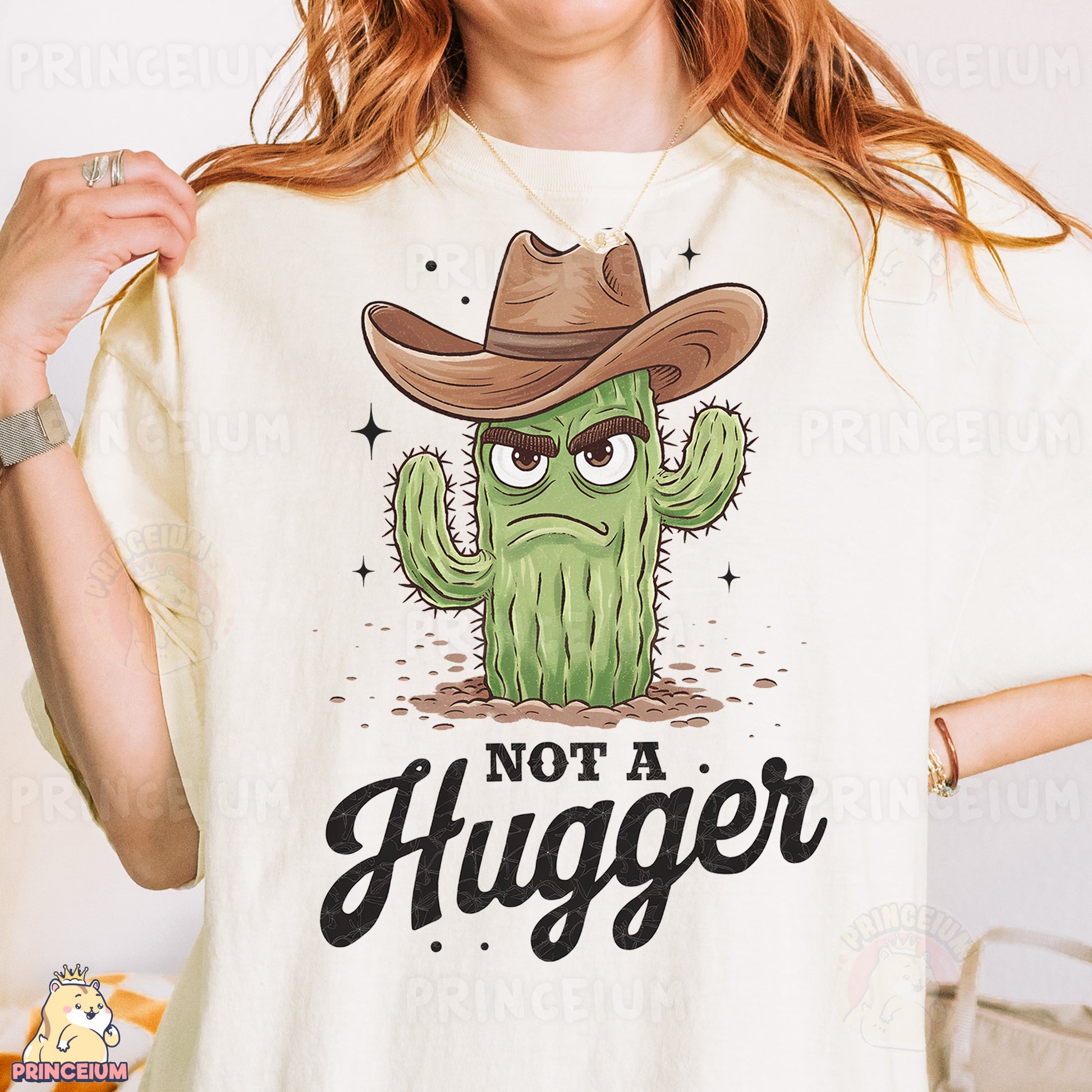 a woman wearing a t - shirt with a cactus on it
