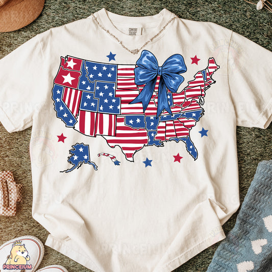 a t - shirt with a bow on the usa map