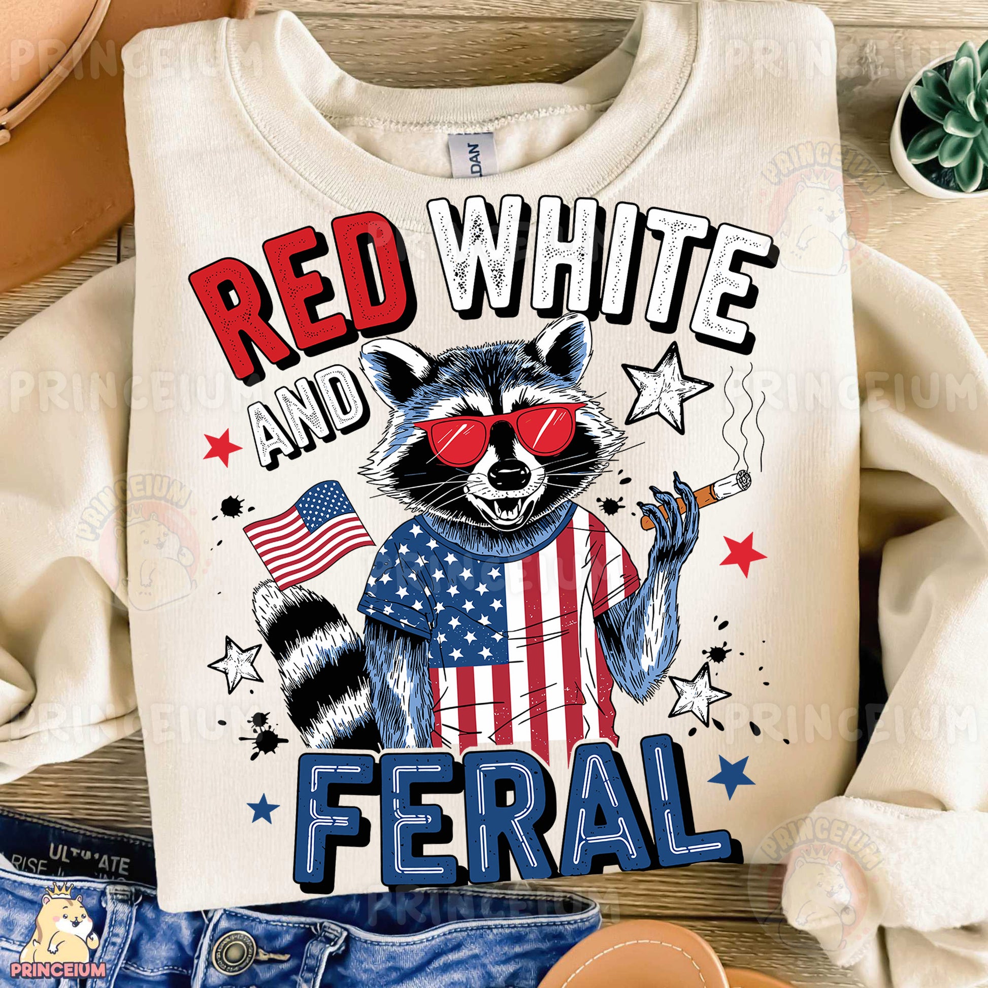 a raccoon wearing red, white and blue sunglasses