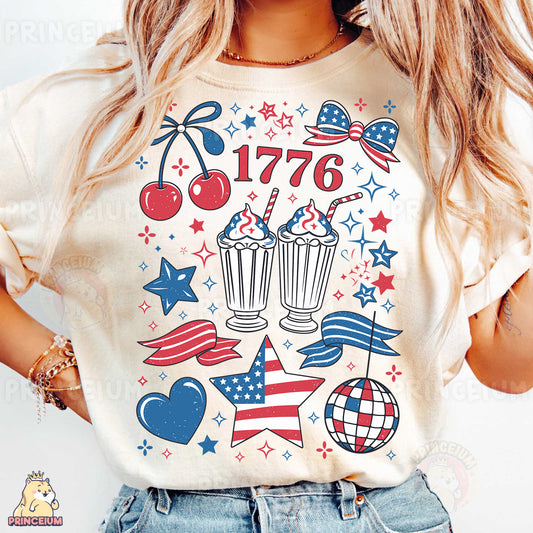 a woman wearing a t - shirt with an american flag design