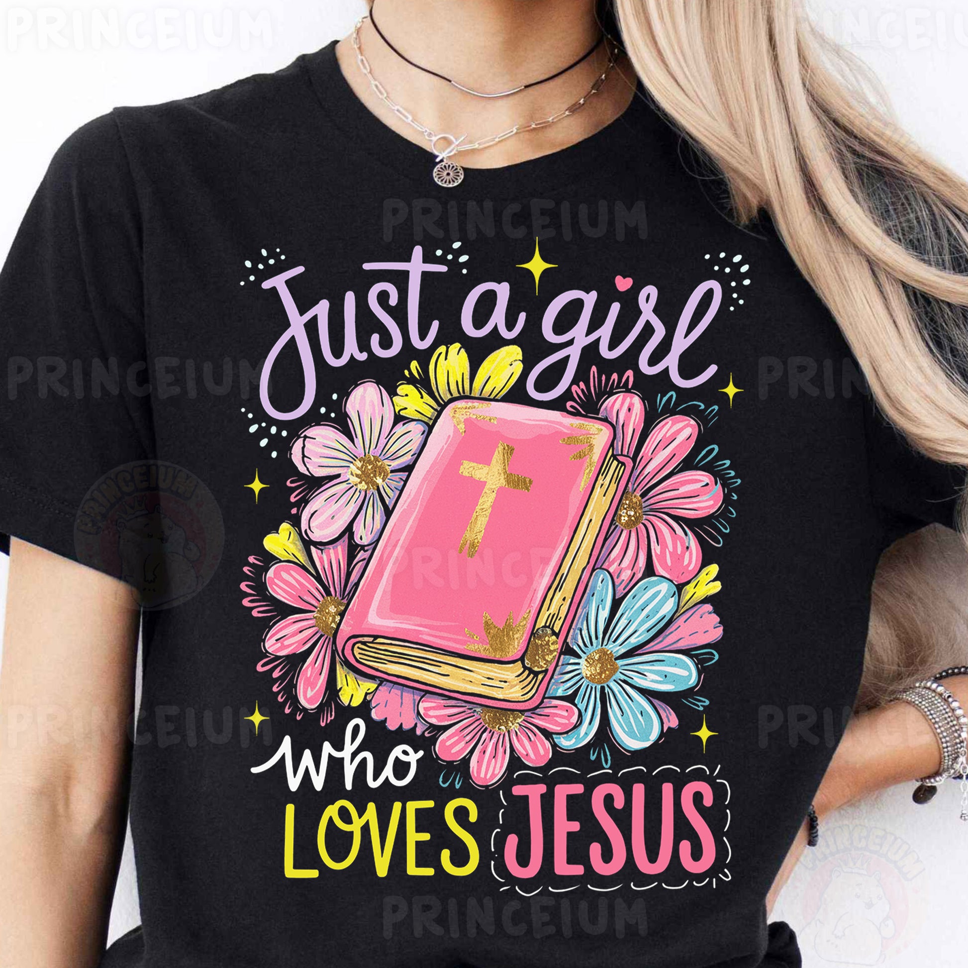 a woman wearing a t - shirt that says just a girl who loves jesus