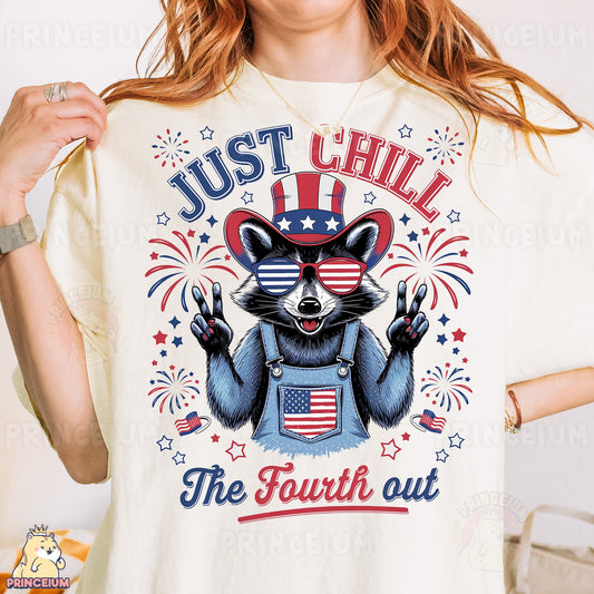 a woman wearing a t - shirt that says just chill the fourth out