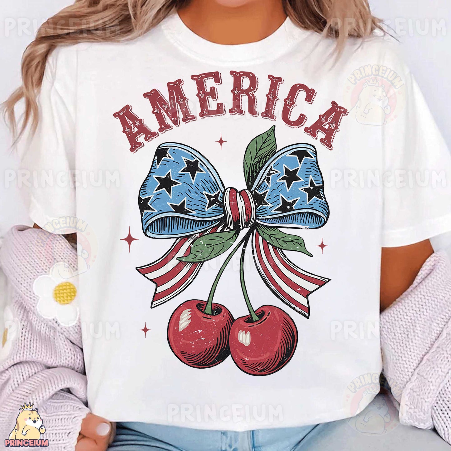 a woman wearing a white shirt with an american flag bow and cherries on it