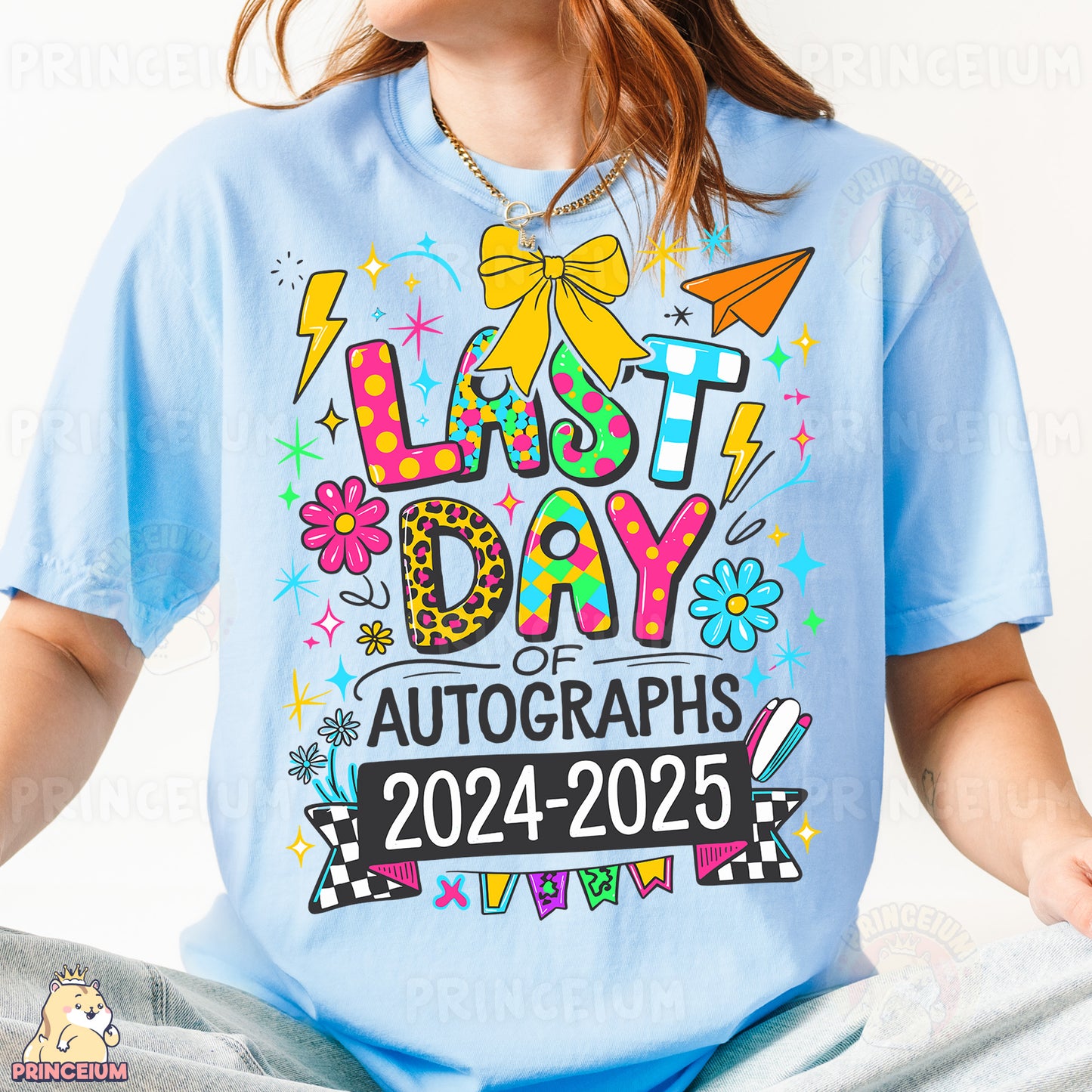 a woman wearing a light blue t - shirt with the words last day of auto