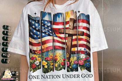 a woman wearing a t - shirt with a cross and american flags on it