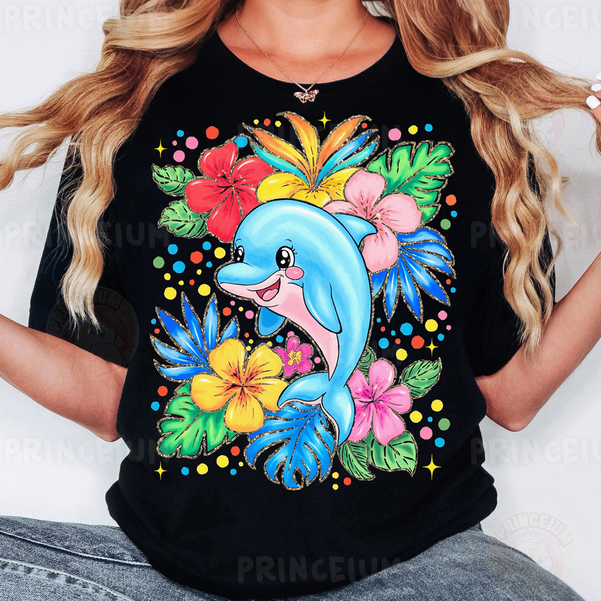 a woman wearing a black shirt with a dolphin on it