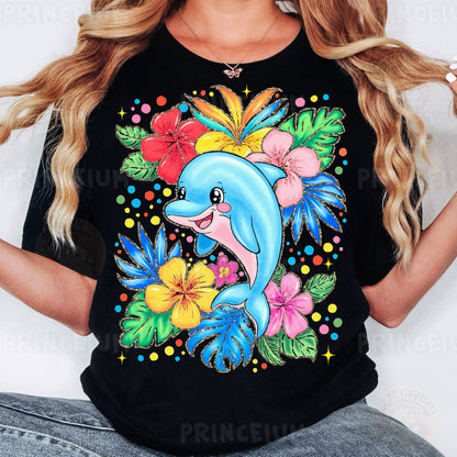 a woman wearing a black shirt with a dolphin on it