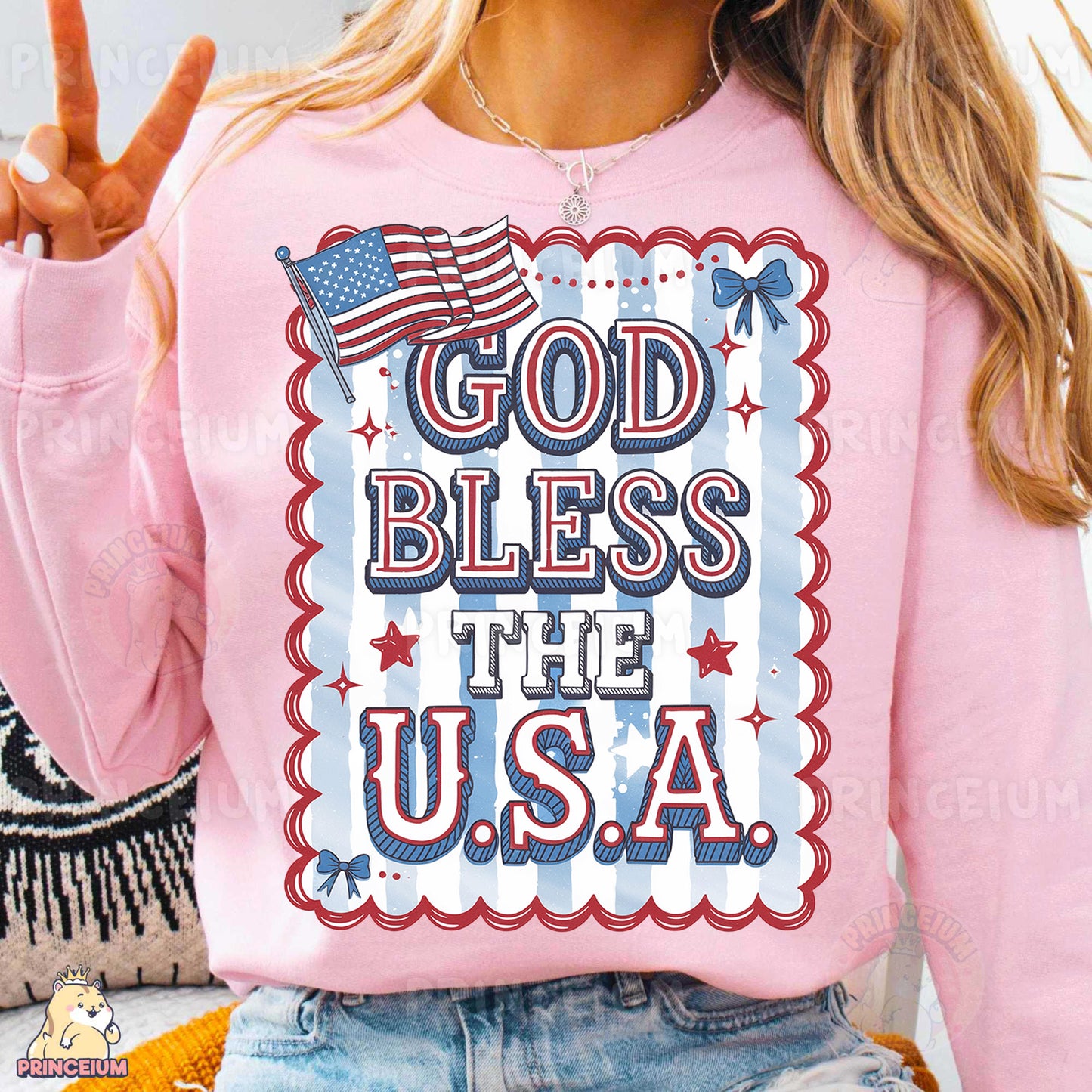 a woman wearing a pink shirt that says god bless the usa