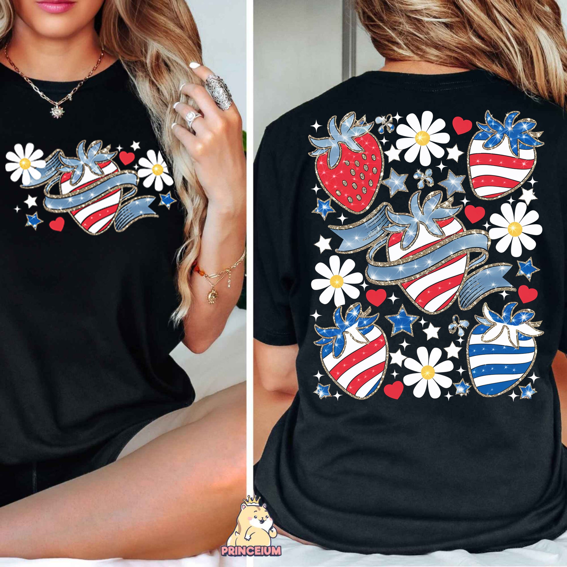 a woman wearing a patriotic heart t - shirt