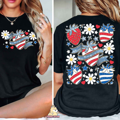 a woman wearing a patriotic heart t - shirt