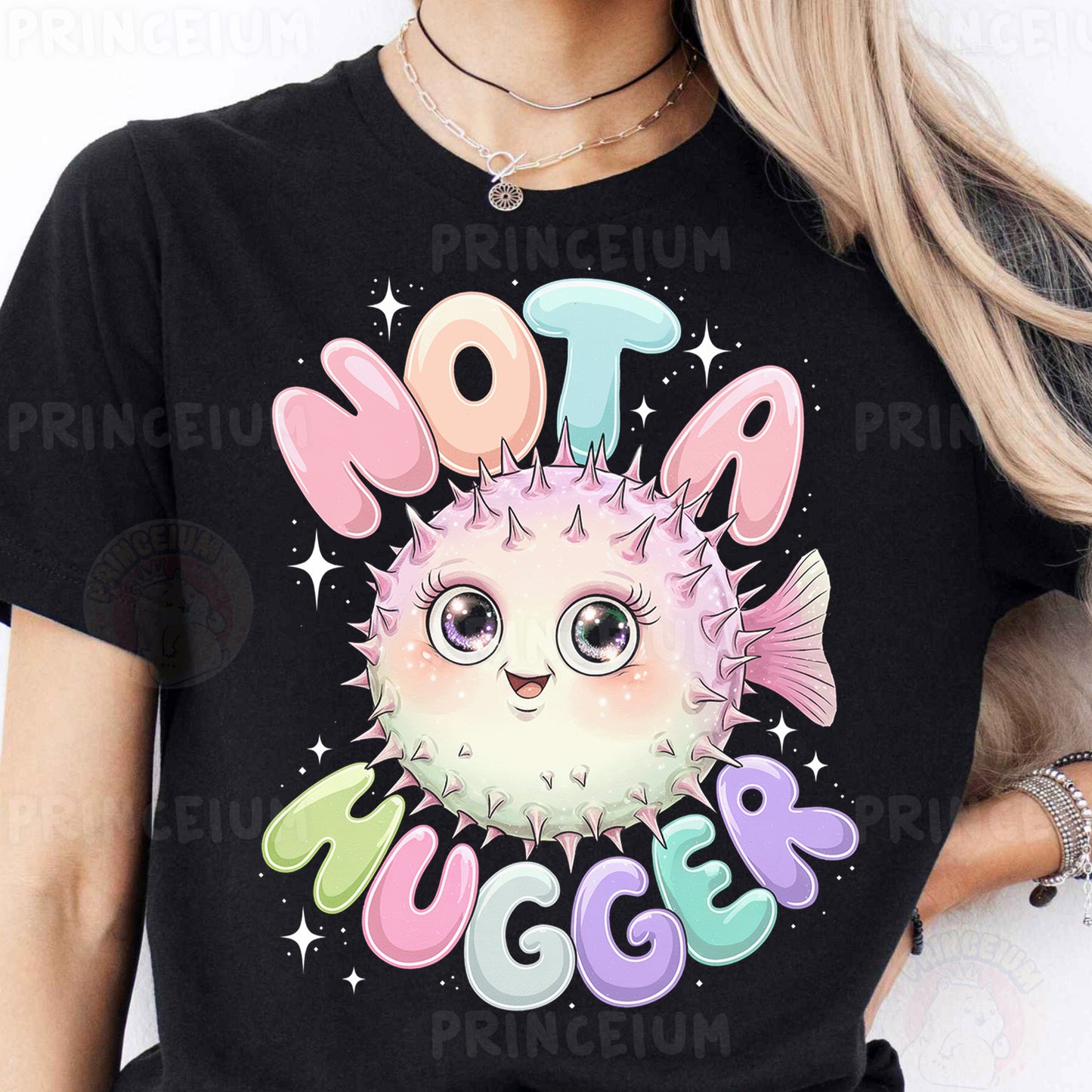 a woman wearing a black t - shirt with a puffy puffy puffy