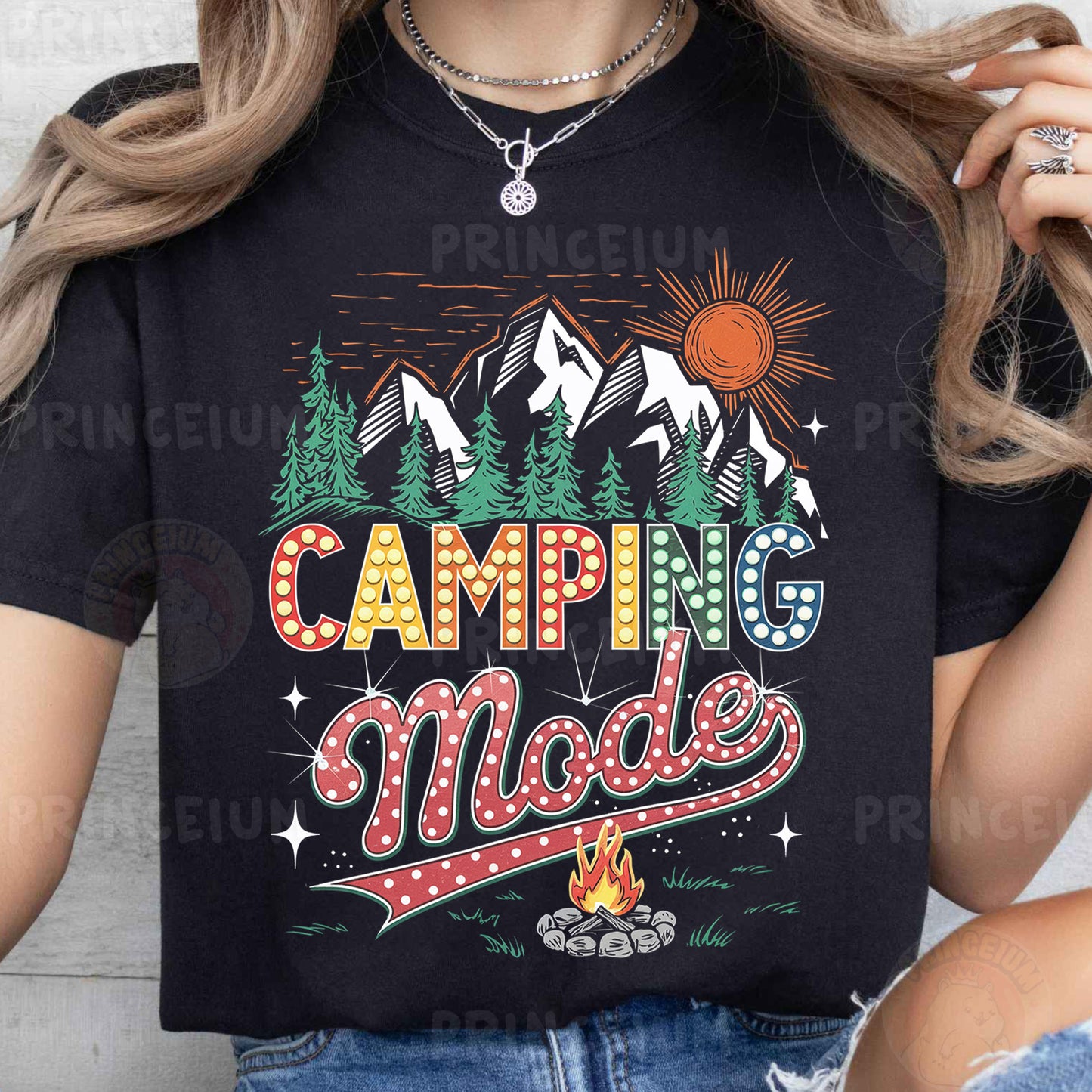 a woman wearing a black camping mode t - shirt