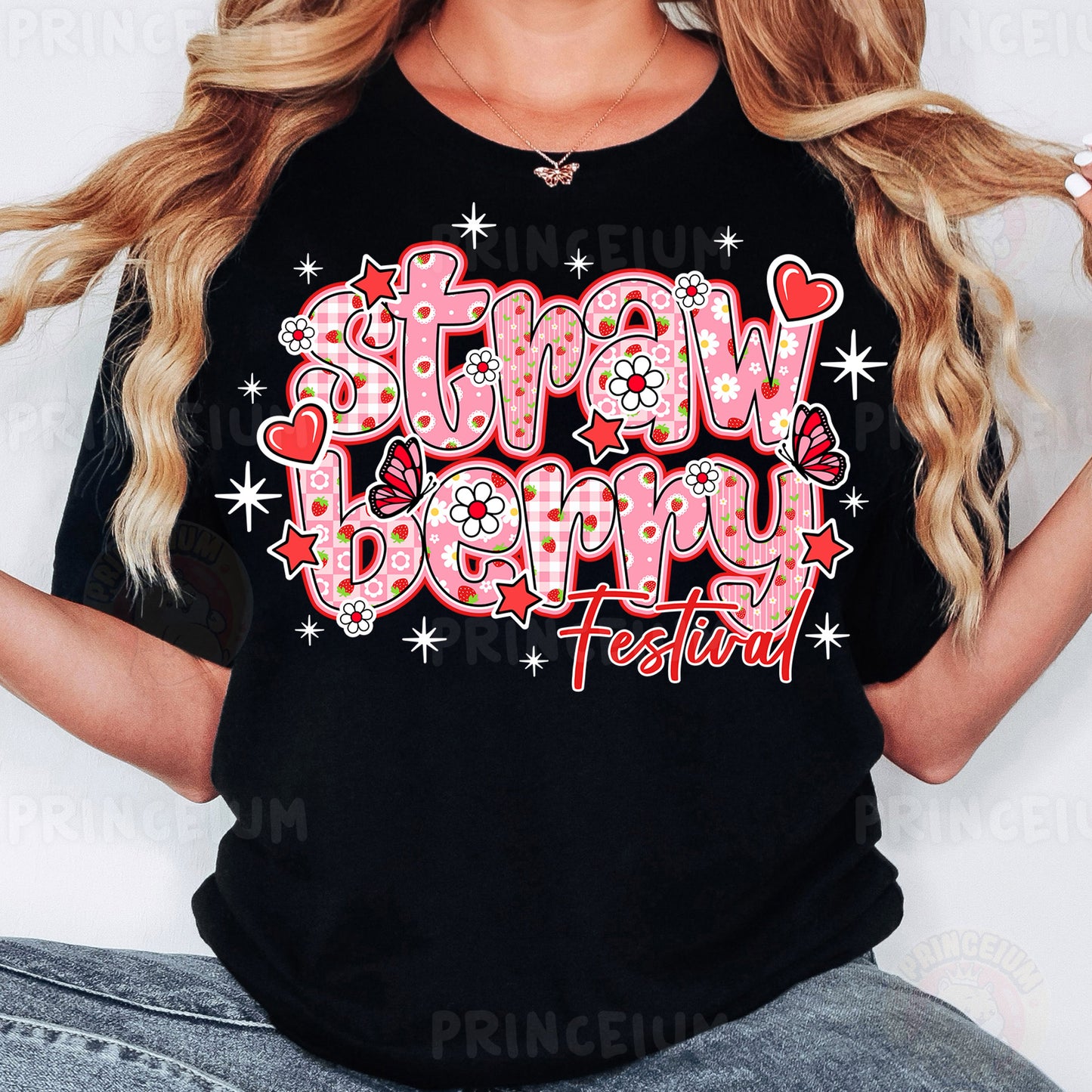 a woman wearing a black t - shirt with the words stay happy on it