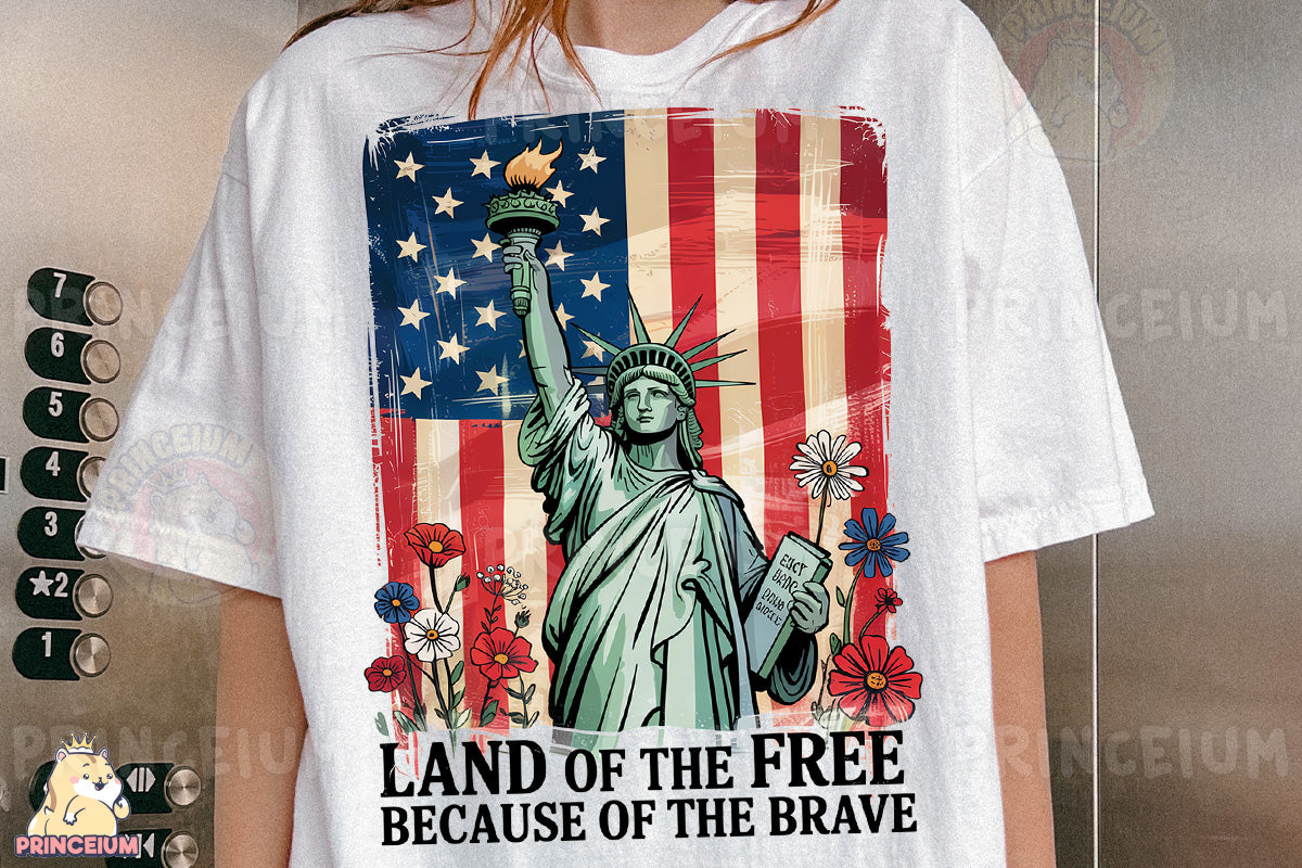 a woman wearing a t - shirt with the statue of liberty on it