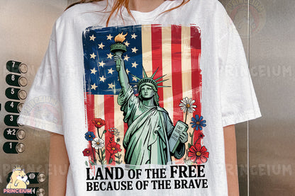 a woman wearing a t - shirt with the statue of liberty on it