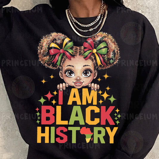 a woman wearing a black shirt that says i am black history