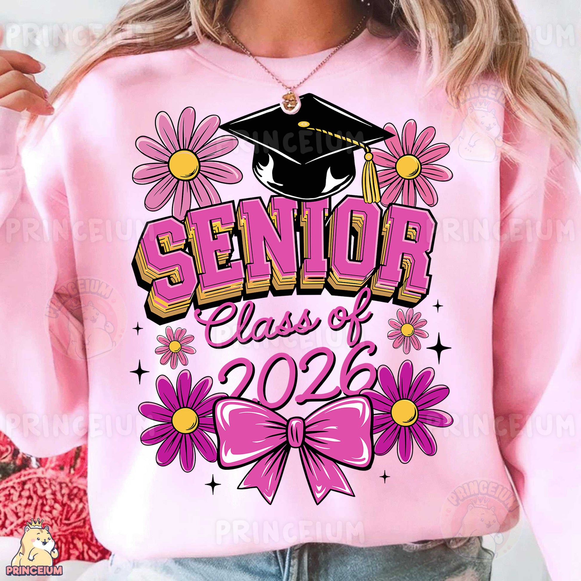 a woman wearing a pink sweatshirt with a pink bow tie