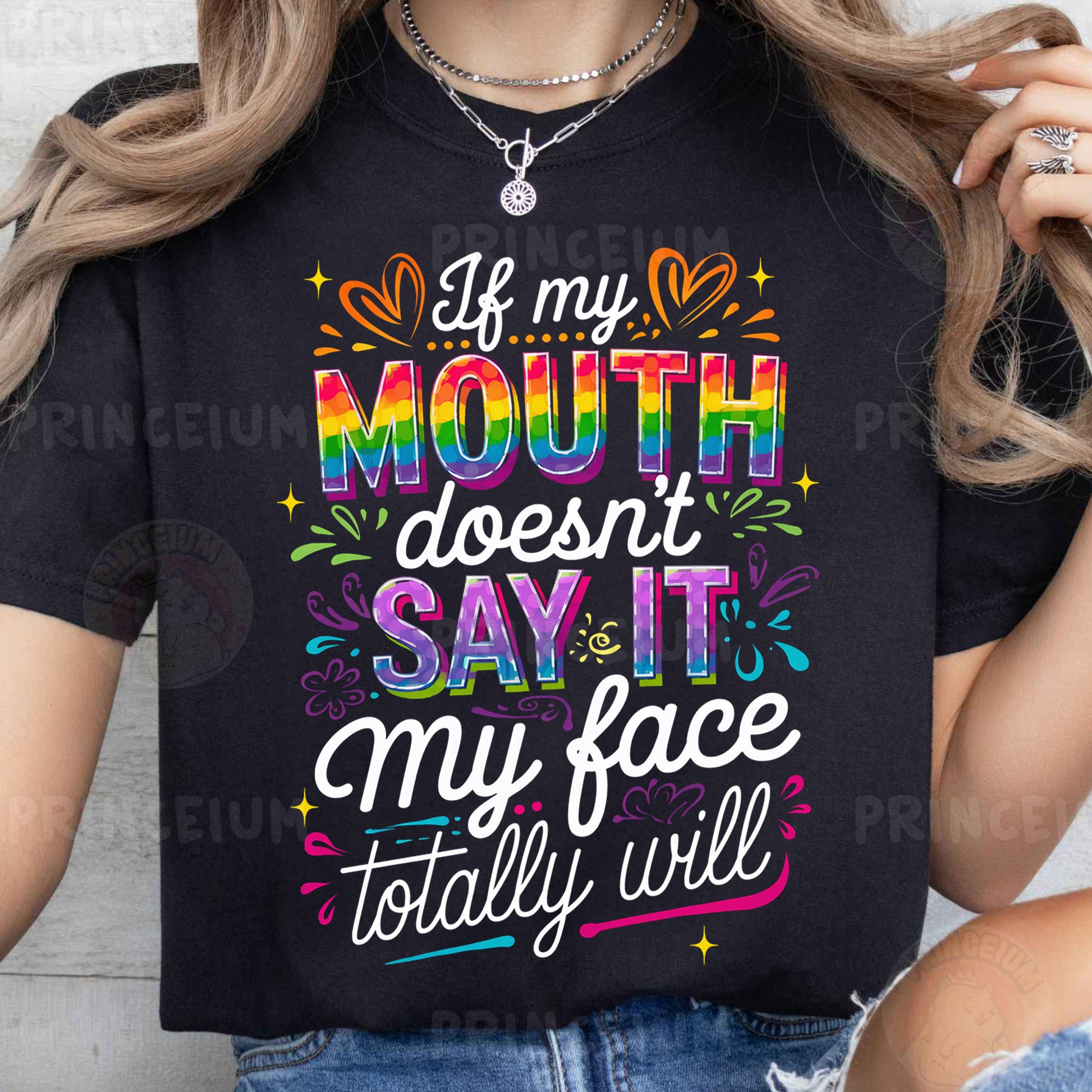 a woman wearing a t - shirt that says if my mouth doesn't say