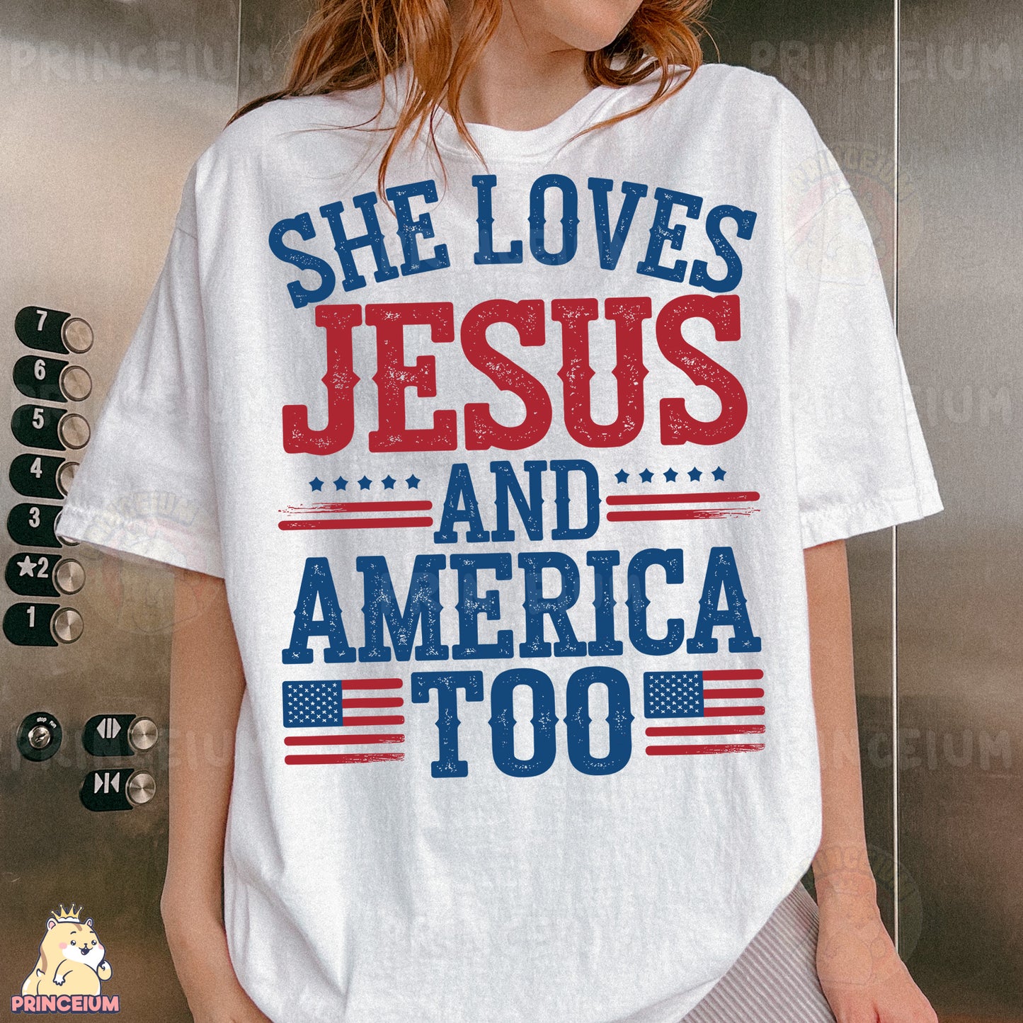 a woman wearing a t - shirt that says she loves jesus and america too