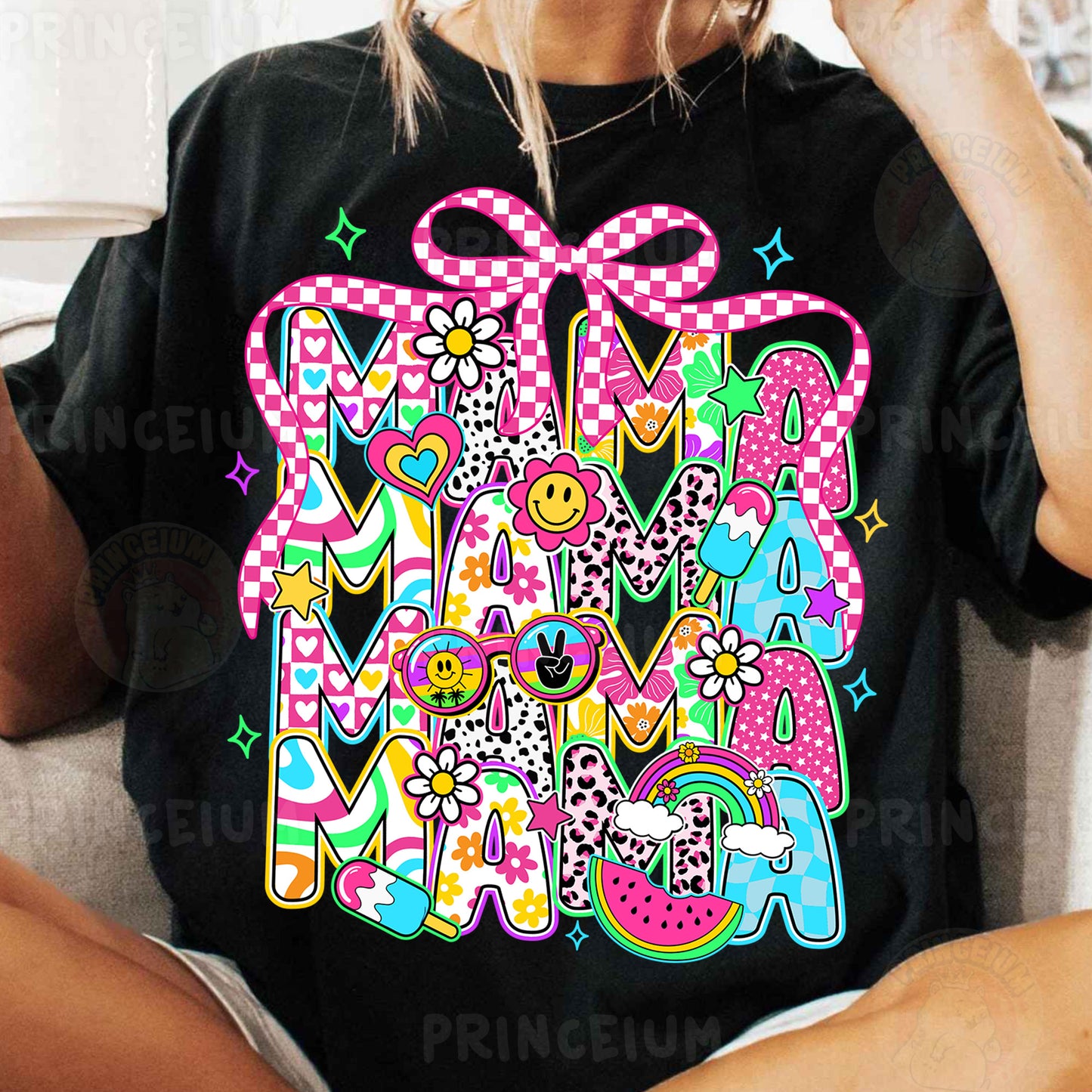 a woman sitting on a couch wearing a black shirt