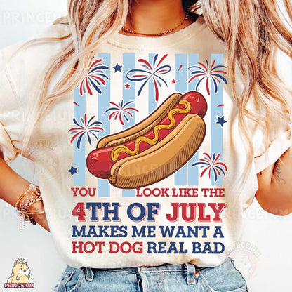 a woman wearing a t - shirt with a hot dog on it