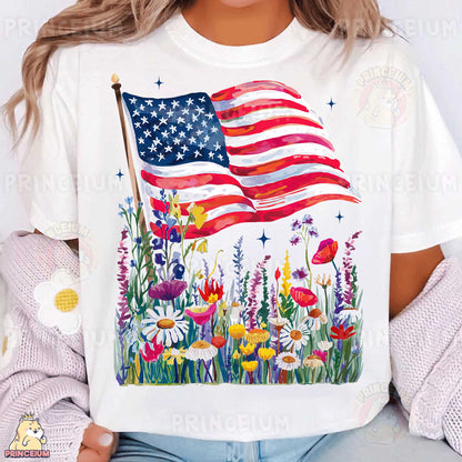 a woman wearing a t - shirt with an american flag on it