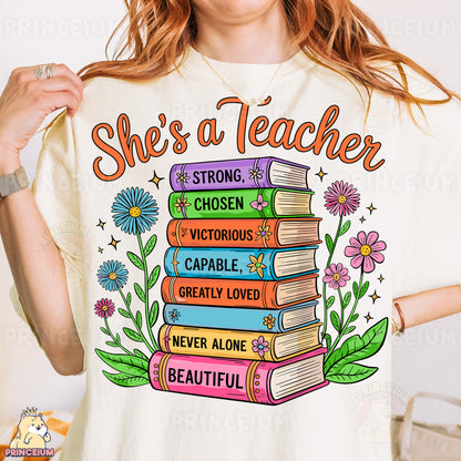 a woman wearing a t - shirt that says she's a teacher