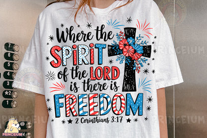 a woman wearing a t - shirt that says, where the spirit of the lord
