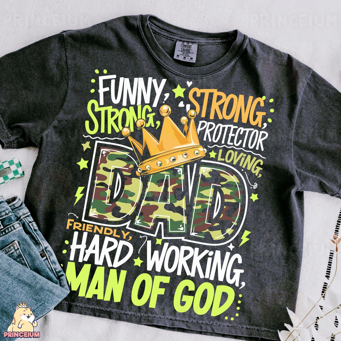 a t - shirt with a crown on it and a pair of jeans