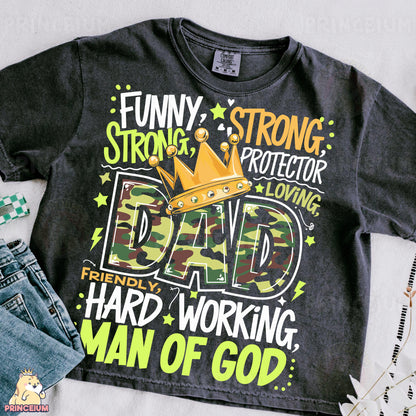 a t - shirt with a crown on it and a pair of jeans