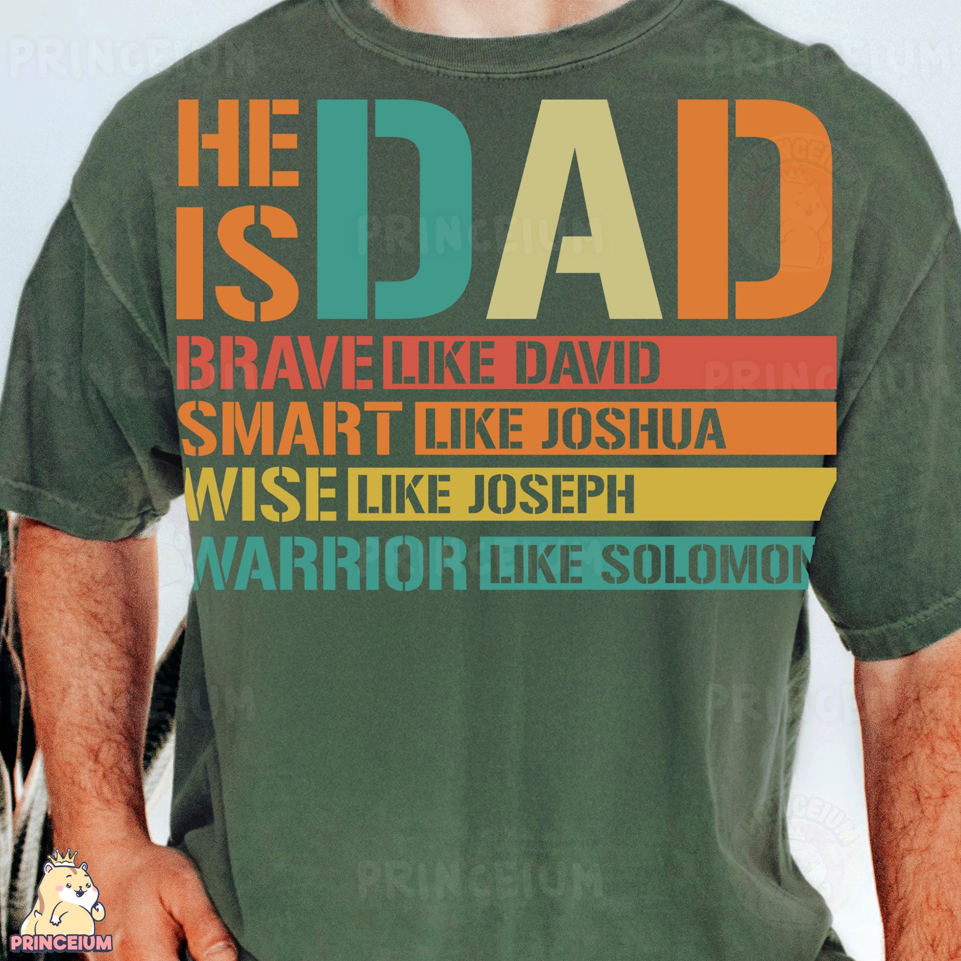 a man wearing a green shirt with the words he is dad on it