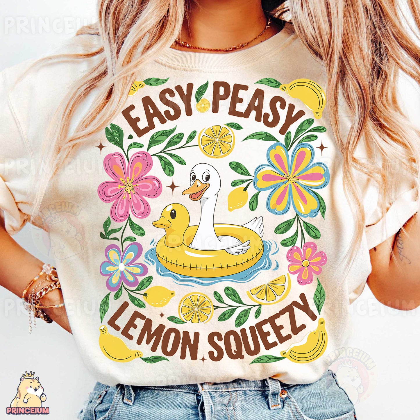 a woman wearing a t - shirt that says easy peasy lemon squeezey